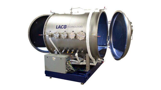 Custom Solution | Horizontal Cylindrical Thermal Vacuum (TVAC) Test System, side view, chamber doors open